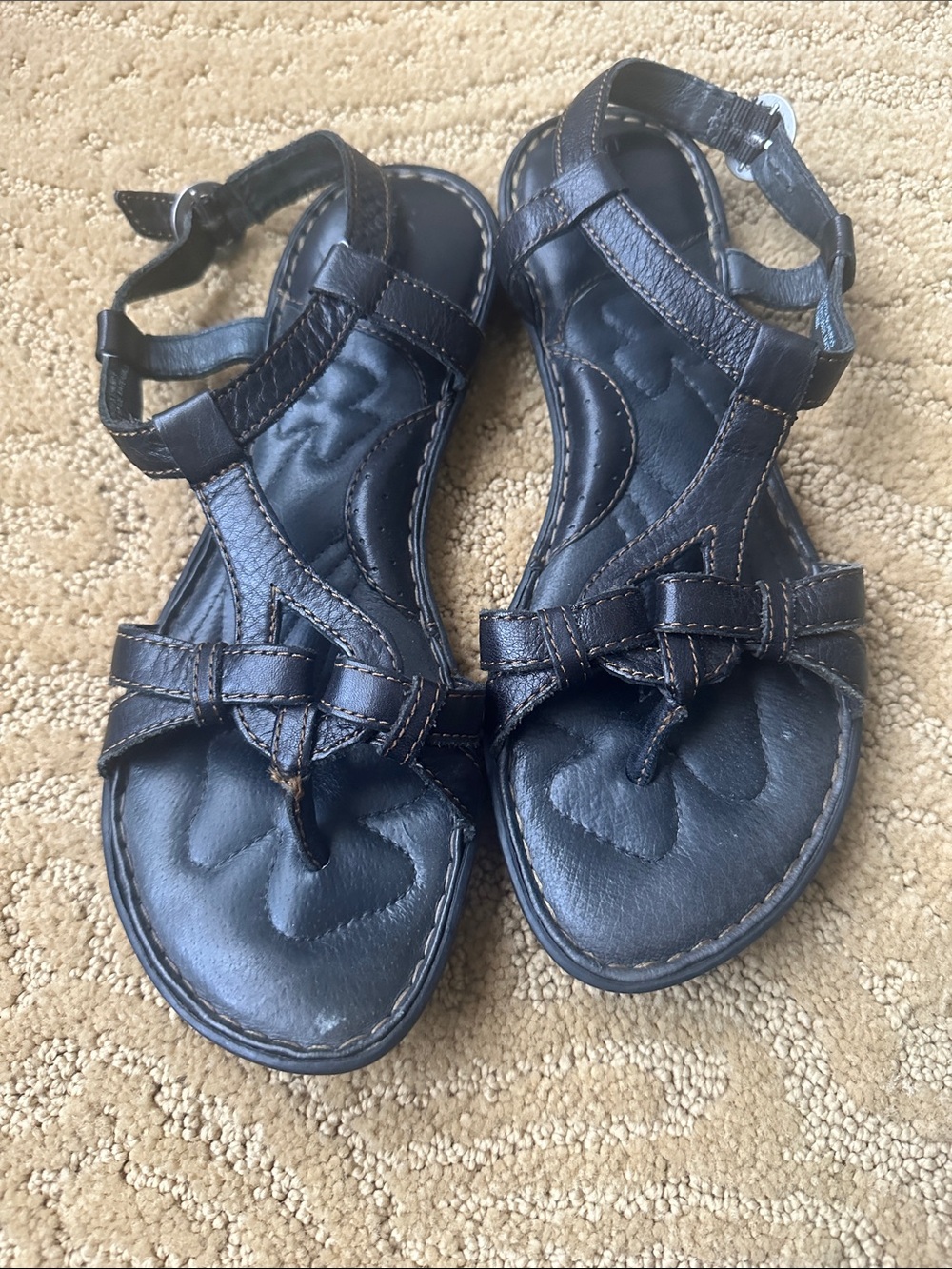 Born Dark Black Leather Strappy Toe-Post Sandals